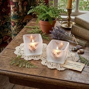 Partylite Frosted Glass Square Votive Holders Set with Leaf Motif - White